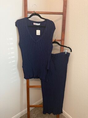 Free People Beach Veda Sweater Top and Skirt Set - Celestial Indigo - LG NWT